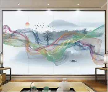 Pasirinktinius nuotraukų 3d tapetai Kinijos abstrakčios linijos rašalo kraštovaizdžio medžių, paukščių, saulėtekio dekoro 3d sienų freskomis tapetai, sienų ir 3 d