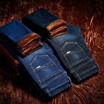 Gražus Rudens Žiemos Vilnos Storas Patogiai ir Šiltai Slim Straight Džinsus, Klasikinio Stiliaus Jaunimo Vyrų Mados Slim Jeans Mėlyna Juoda 0