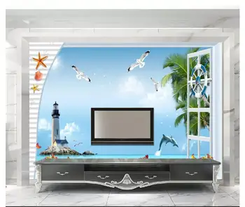 Užsakymą tapetai, 3d ekrano užsklanda sienos 3 d Naujas viduržemio jūros vėjas, jūra, mėlynas dangus, švyturio medžio paukščių marina fono sienos
