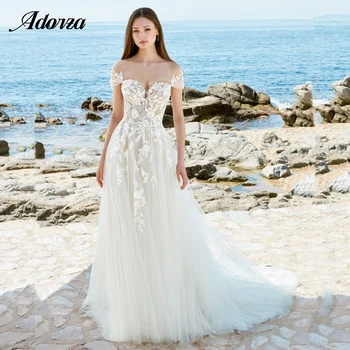 Romantiška A-Line Wedding Suknelė Nėrinių Aplikacijos Gėlių Nuimamas nuo Peties Bžūp Rankovėmis Tiulio Nuotakos Suknelė Vestido De Noiva