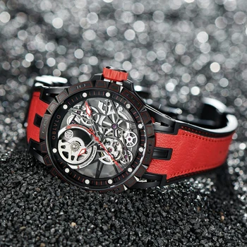 OBLVLO Top Brand New Dizaineris Sporto Laikrodžiai Vyrams Skeletas Ciferblatas Juodas Plieno Automatinis savaiminis Vėjo Laikrodžiai Gumos Dirželis Žiūrėti LM 0