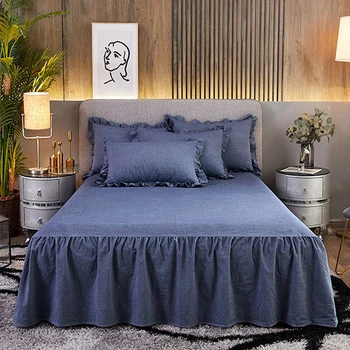 Medvilnės lova sijonas tipas lovatiesė Medvilnės pure spalvos lovatiesė 3 gabalus flounces paprasta vienas dvigulė lova padengti plonu stiliumi