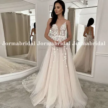 Šviesos Šampano Bohemijos Vestuvių Suknelės 2022 Spageti Diržas V-Kaklo Nėrinių Aplikacijos Backless Tiulio Paplūdimio Vestuvių Suknelės Moterims