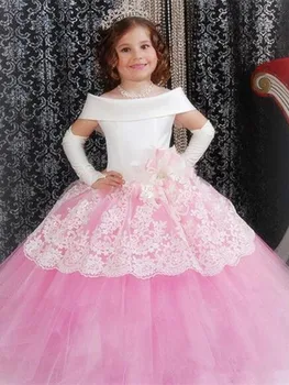 Gėlių Mergaičių Suknelės Inscenizacija Su Blush Pink Aplikacijos Linijos, Vien Kaklo Valymo Traukinio Paaugliams Gimtadienio Komunijos Suknelės