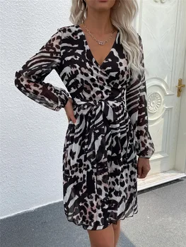 Moterims, Elegantiška, Leopardas Spausdinimui Mini Suknelė 2022 M. Pavasarį Long Sleeve V-Neck Slim Seksualus Suknelės Office Ponios Drabužiai Aukšto Liemens Apdaras