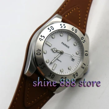 43mm Parnis baltoji ryšys odinis dirželis, Safyro stiklas, automatinė mens watch 0