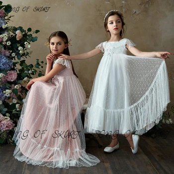 Aikštėje Kaklo Drugelio trumparankoviai Baltas, Pink Gėlių mergaičių Suknelės Tiulio Vaikų Sijonas Spausdinti Susiėmę Šokių Suknelės 0