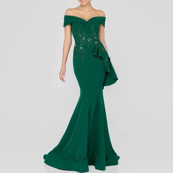 Klasikinis Motina Jaunikis Suknelės Žalia nuo Peties Rankovių Nėrinių Appliques Perlai Grindų Ilgis Vestuvių Suknelė Svečias