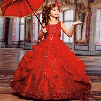 Raudona Mergina Inscenizacija Suknelės mielas pyplys Sparkle Grožio Karoliukais Kamuolys suknelė Satino Nėriniais Mažoji princesė Vaikas suknelė Gėlių mergaičių