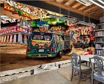 Pasirinktinius nuotraukų 3d kambario tapetai Hip-hop stiliaus grafiti autobusų KTV baras fone homedecor 3d sienų freskomis tapetai, sienų ir 3 d