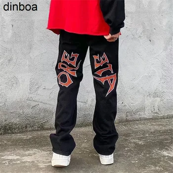 Dinboa-2022 Y2k Vyrų Mados Juoda Streetwear Hip-Hop Laišką Star Mažas Juosmens Džinsai, Kelnės Tiesus Alt Baggy Džinsinio Audinio Kelnės Drabužiai