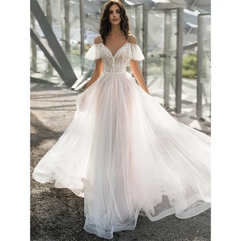 Elegantiškas Spageti Dirželis Nuo Peties V-Kaklo-Line Vestuvių Suknelė Nuotakos 2022 Mygtuką Apdailos Tiulio Iliuzija Nuotakos Suknelė
