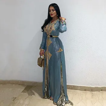 Mėlyna Maroko Kaftan Caftan Musulmonų Vakaro Suknelės-line V-kaklo, ilgomis Rankovėmis Appliques Dubajus arabų Turkija Abaja Islamo Suknelė