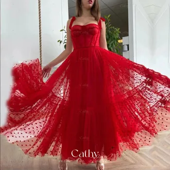 Cathy Raudona Polka Dot Tiulio Kolekcija Vakarinę Suknelę Spagečiai Dirželiai Laivapriekio Kaklaraištis Peties Ilgai Šalies Kamuolys Suknelė Vestidos De Fiesta