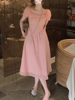 Saldus Pasakų Rožinė Suknelė Net Partijos Office Lady Trumpas Rankovės Aikštėje Apykaklės Elegantiškas Paplūdimio Sundress Moterų 2022 M. Vasarą Korėjos Suknelė