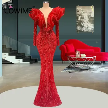 Raudona Ilgai Undinė Vakaro Suknelės 2022 Blizgančių Iliuzija Giliai V Kaklo Vestidos De Noche Oficialus Moterų Prom Chalatai Šalis