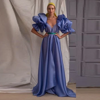 Elegantiška Mėlynos V Kaklo Vakare Chalatai Saudo Arabija, Uždusęs Rankovėmis Satino Linija Prom Dresses Dubajaus Moterų Paprastas Ilgas Šalis Suknelė