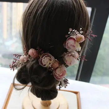 Šukuosena Apdailos 3Pcs/Set Madinga Rožinė Sausų Gėlių Mergaičių Plaukų Pin Plaukų Aksesuarai, Plaukų Stick Elegantiškas Vestuvių