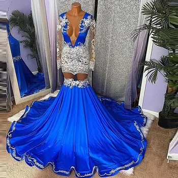Royal Blue Undinė Prom Dresses Seksualus Matyti Per Karoliukai Applques Iliuzija Ilgomis Rankovėmis Vakarinę Suknelę Afrikos Moterys