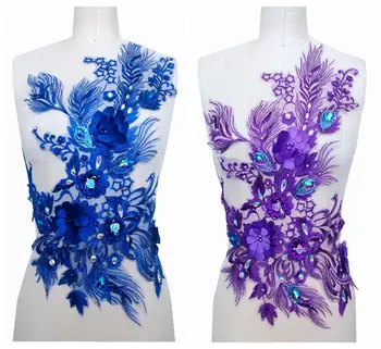 3D trimatis gėlių kalnų krištolas apdaila nėrinių aplikacijos mėlyna/violetinė apdaila lopai suknelė priedų