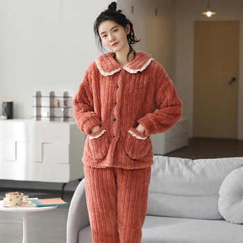 M-3XL Pajama Komplektai Ponios Žiemos Pižamos Rinkiniai Šiltas Storas ilgomis Rankovėmis Sleepwear Koralų Aksomo Moteris Rinkinys