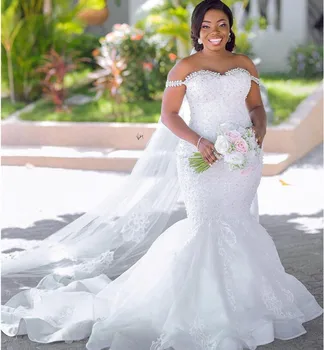 Plus Size Crystal nuo Peties Undinė Vestuvių Suknelės 2021 M. Derliaus Tiulio Nėrinių Appliques Afrikos Vestuvių Suknelės Mariage