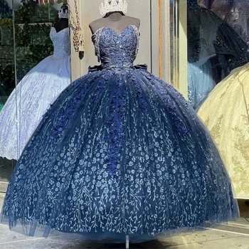 Prabanga Tamsiai Mėlyna Quinceanera Suknelės 2022 Kamuolys Suknelė Gėlių Aplikacijos Kristalų Saldus 16 Suknelės Nėriniai-Up Gimtadienio Suknelės 0