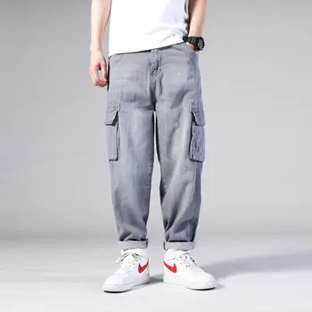 Streetwear Mados Hip-Hop Mutis Kišenės Baggy Jeans Vyrams Prarasti Tiesios Kelnės Drabužiai 0