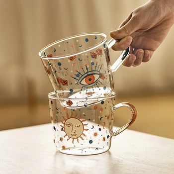 SWEETHOME 500ml Kūrybos Skalė Stiklo Puodelis Pusryčiai Mlik Coffe Cup Buitinių Pora Vandens Puodelį Saulės Akis Modelis Drinkware
