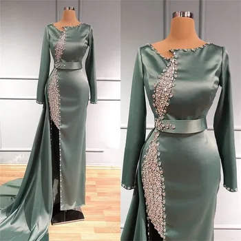 Elegantiškas Kristalų Vakaro Suknelės Ilgomis Rankovėmis Dubajus Satino Kaftan Maroko Oficialų Promenadzie Suknelė Šalis, Chalatai Vestidos De Novia