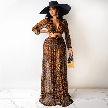 2021 Leopard Print Dviejų Dalių Komplektas Šifono Suknelė Moterims Sexy Nėrinių V-Kaklo, Ilgomis Rankovėmis Palaidinė Pasėlių Viršuje Vasaros Paplūdimio Maxi Sijonas
