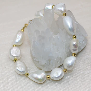 Naujas mados balta gamtos netaisyklingos formos perlas 12-kaip 14mm karoliukai pakabukai apyrankės & bangle moterims, elegantiška juvelyrika 7.5 colių B3001