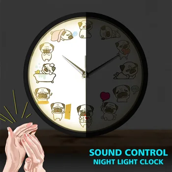 Mielas Animacinių filmų Pug Šuo Metalo Rėmas, LED Sieninis Laikrodis Juokinga Clap Garso Valdymo Smart Laikrodžiai Žiūrėti Mažylis Meilužis Namų Puošybai Horologe 0