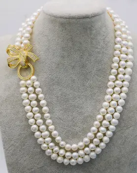 gražus naujas Gamtinių cirkonis užsegimas 3rows gėlavandenių baltųjų perlų netoli raundas 7-8mm karoliai 18-20