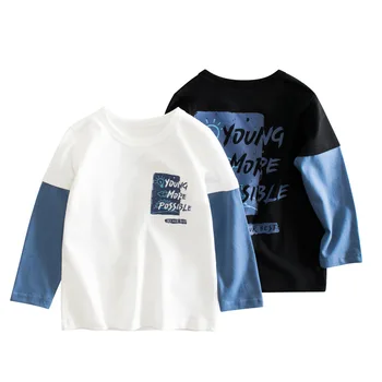 Vaikų Drabužiai Grynos Medvilnės Spalva Blokavimas Long Sleeve T-shirts Pavasario Baby Berniukas ir Mergaitė Viršūnes Mados Atspausdinta Tee Vaikai