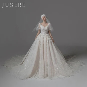 Jusere V-kaklo, kamuolys suknelė vestuvių suknelė vestuvių suknelė vestuvių suknelė reljefiniai rankovėmis gėlių suknelė katedra traukinys