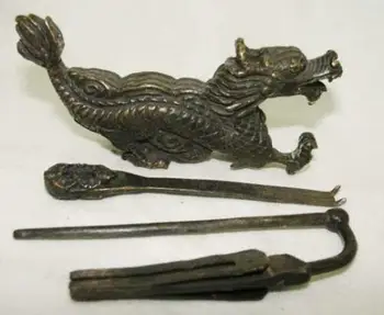 Retas Kinijos senojo stiliaus Žalvario Raižyti dragon spyna ir raktas 0