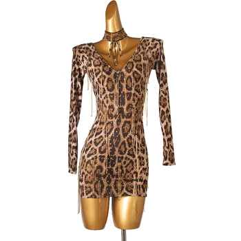 Lotynų Konkurenciją Šokių Sijonas Lady Leopardas Spausdinti Lotynų Šokių Suknelė Moterims Aukštos Kokybės Profesija Rumba Samba Lotynų Šokių Suknelė