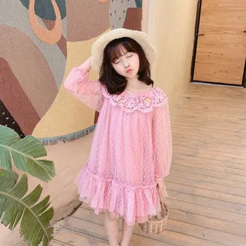 Vasaros mados dizaino kūdikių mergaičių drabužius ilgomis rankovėmis suknelė rožinės spalvos nėrinių kvėpuojantis ponios suknelės, suknelės vaikams
