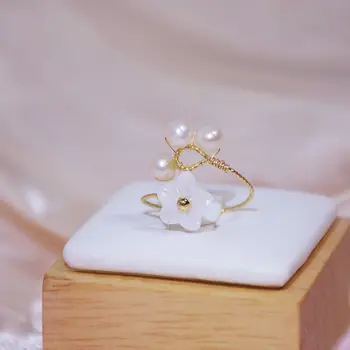 Korėjos naujo dizaino bižuterijos prabangus kompaktiškas natūralių gėlavandenių perlų shell gėlių atidaryti žiedas elegantiškas šviežių moterų žiedas