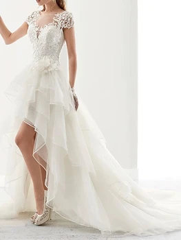 A-Line Wedding Dresses Kvadratinių Kaklo Nesimetriškas Tiulio Nėrinių Rankovių Šalies Stiliaus Nuotakos Suknelė su Appliques