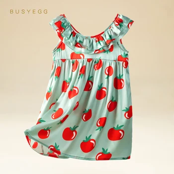 Mažai pomidorų, pupelių žalia mergaičių natūralaus šilko suknelė lotus antkaklio kilpos rankovių nightdress vaikų vasaros namų drabužiai 0