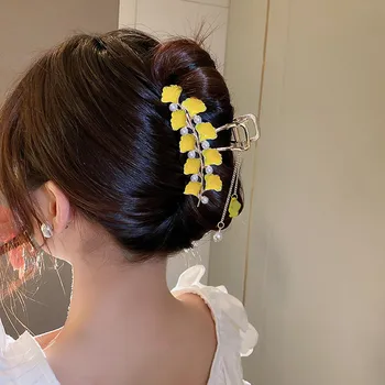 Korėjos Plaukų Letena Geltona Ginkmedžių Lapų Dvipusis Plaukų Įrašą Moterų Aliejus Lašinamas Prabanga Išskirtinį Staigius Ryklys Įrašą Plaukų Aksesuarai