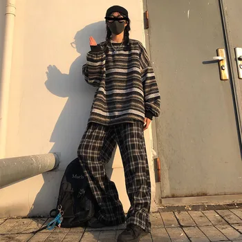 Puloveriai Moterims Negabaritinių BF vienos Lyties Porų Japonijos Dryžuotas Megztiniai Megztinis Hip-Hop Moterų Naują Žiemos Mados Retro Dienos