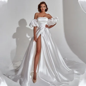 Vestidos De Novia-Line Vestuvių Suknelė Stebėjimo Keičiamajame Rankovėmis Paprasta Chalatas De Mariage Satino Nuotakos Suknelės Gelinlik
