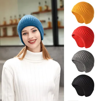 žieminės kepurės su ausimis 2022 vientisos spalvos trikotažo žiemos beanies kepurės vyrams kepuraitės moterims 1