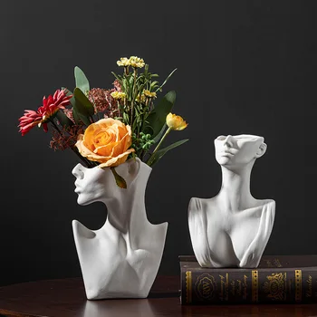Keramikos Moters Kūno Vaza Žmogaus Veido Statula Figūrėlės Namų Kambarį Skulptūra Šiaurės Stiliaus Gėlių Puodą Modernią Meno Vaza 1