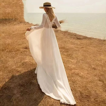 Elegantiškas Šifono ilgomis Rankovėmis Vestuvių Suknelės 2022 Boho V-kaklo Nėrinių Aplikacijos Valymo Traukinio linija, Vestuvinės Suknelės Vestido de Novia 1