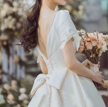 Spalvingas Vestuvių Suknelė Balta Iliuzija V-Kaklo Backless Trumpas Rankovės Linijos Lankas, Satino Vestido De Novia Princesė Vestuvinės Suknelės 2022 1