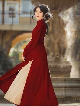 2022 M. Pavasarį Naujas Elegantiškas Mori Mergina Temperamentas Retro Ilga Suknelė Vintage Aukšto Juosmens Kulkšnies Ilgis Stovėti Apykaklės, Nėriniai Aukštos Klasės 1